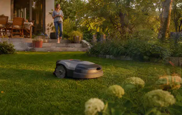 Mähroboter fährt am Abend über einen Rasen im Familiengarten; Thema Dreame A1, Schwerpunkt Gärten mit kleiner Fläche; Umsetzung.