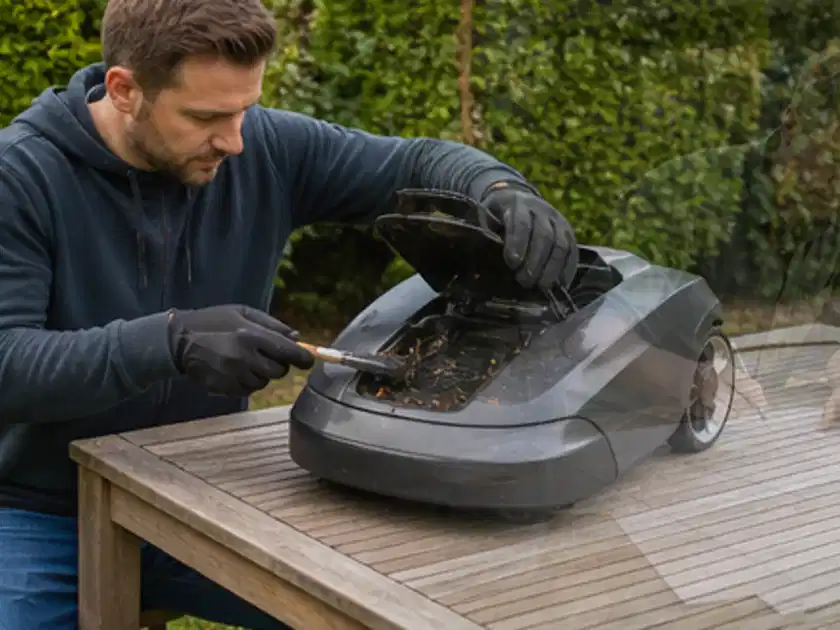 Person wartet einen geöffneten Mähroboter auf einem stabilen Gartentisch; Thema Dreame A1, Schwerpunkt Kaufberatung; Titelbild.