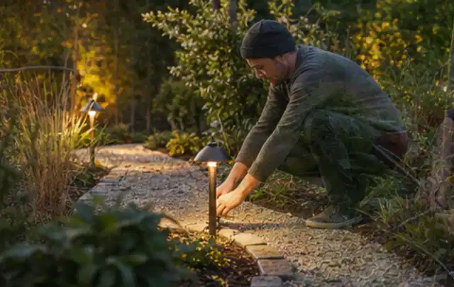 Person richtet eine niedrige warm leuchtende Gartenlampe am Kiesweg aus; Thema Dreame A1, Schwerpunkt Kosten; Kontrolle.