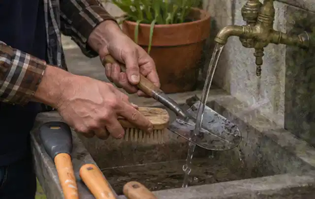 Hände reinigen gebrauchte Gartengeräte mit Bürste und Wasser am Außenbecken; Thema Dreame A1, Schwerpunkt Kosten; Praxisalltag.