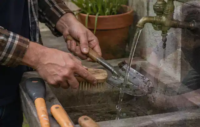 Hände reinigen gebrauchte Gartengeräte mit Bürste und Wasser am Außenbecken; Thema Dreame A1, Schwerpunkt Leistung; Praxisalltag.