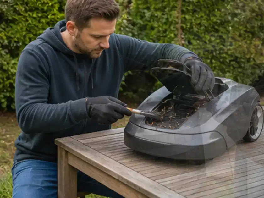 Person wartet einen geöffneten Mähroboter auf einem stabilen Gartentisch; Thema Dreame A1, Schwerpunkt Reinigung; Titelbild.