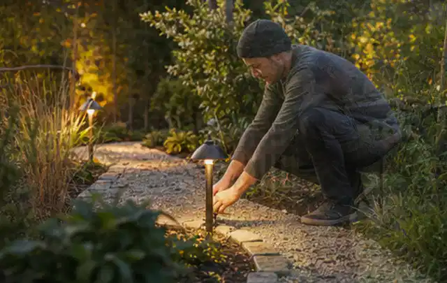 Person richtet eine niedrige warm leuchtende Gartenlampe am Kiesweg aus; Thema Dreame A1, Schwerpunkt Reinigung; Umsetzung.