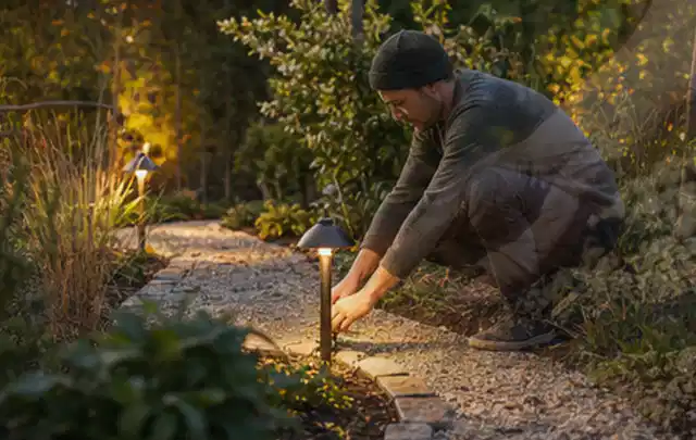 Person richtet eine niedrige warm leuchtende Gartenlampe am Kiesweg aus; Thema Dreame A1, Schwerpunkt Systemvergleich; Umsetzung.