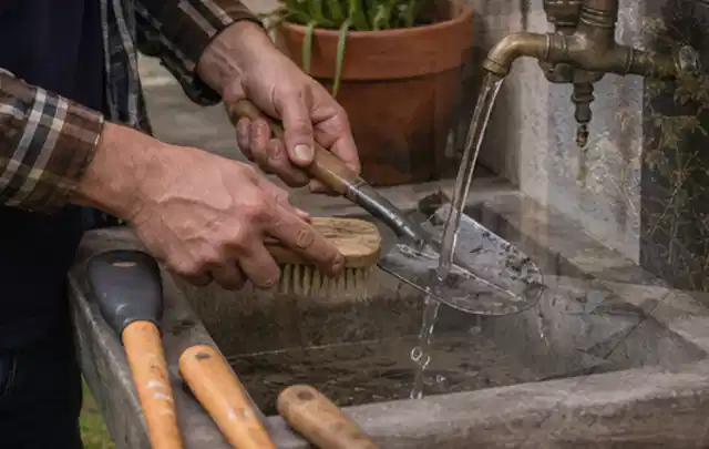 Hände reinigen gebrauchte Gartengeräte mit Bürste und Wasser am Außenbecken; Thema Dreame A1, Schwerpunkt Systemvergleich; Ergebnis.