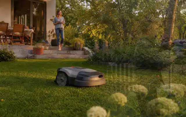 Mähroboter fährt am Abend über einen Rasen im Familiengarten; Thema Dreame A1, Schwerpunkt Systemvergleich; Praxisalltag.