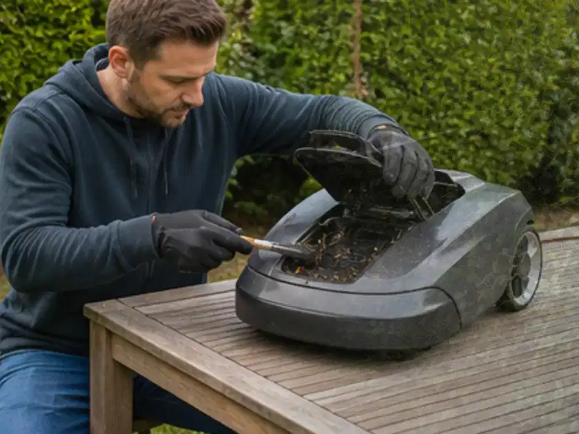 Person wartet einen geöffneten Mähroboter auf einem stabilen Gartentisch; Thema Dreame A1, Schwerpunkt Testkriterien; Titelbild.