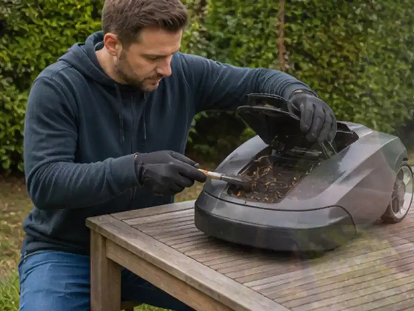 Person wartet einen geöffneten Mähroboter auf einem stabilen Gartentisch; Thema Dreame A1, Schwerpunkt Vergleich; Titelbild.