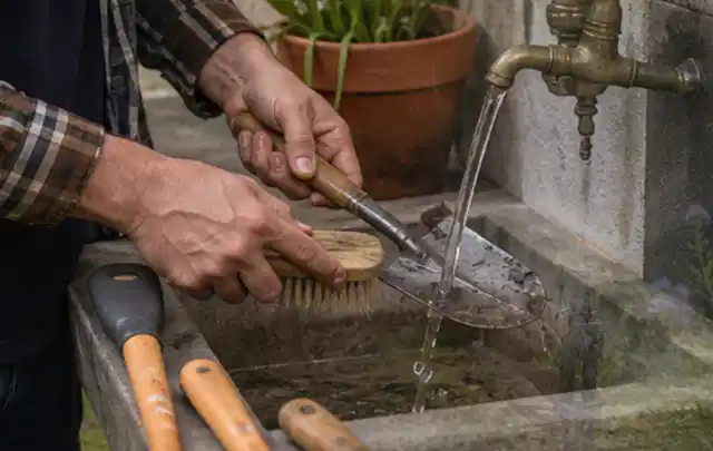 Hände reinigen gebrauchte Gartengeräte mit Bürste und Wasser am Außenbecken; Thema Dreame A1, Schwerpunkt Vergleich; Ausgangslage.