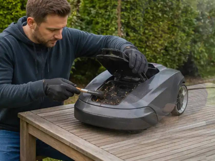 Person wartet einen geöffneten Mähroboter auf einem stabilen Gartentisch; Thema Dreame A1, Schwerpunkt Wartung; Titelbild.