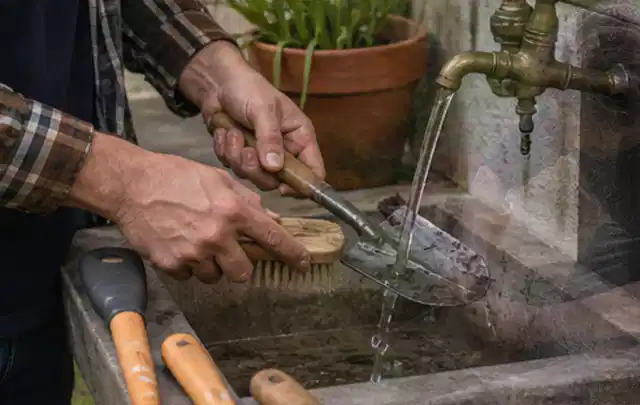 Hände reinigen gebrauchte Gartengeräte mit Bürste und Wasser am Außenbecken; Thema Dreame A1, Schwerpunkt Wartung; Praxisalltag.