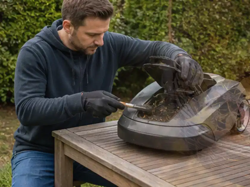 Person wartet einen geöffneten Mähroboter auf einem stabilen Gartentisch; Thema Dreame A1, Schwerpunkt Winterlager; Titelbild.