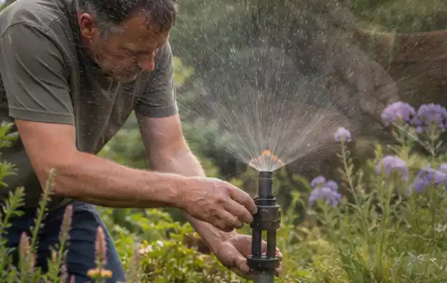 Person richtet einen laufenden Gartensprenger zwischen Stauden präzise aus; Thema Düngen, Schwerpunkt Rasen; Ausgangslage.
