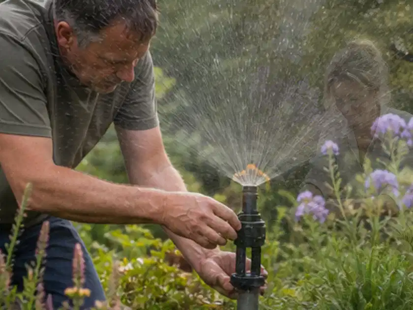 Person richtet einen laufenden Gartensprenger zwischen Stauden präzise aus; Thema Duftpflanzen, Schwerpunkt Bewässerung; Titelbild.