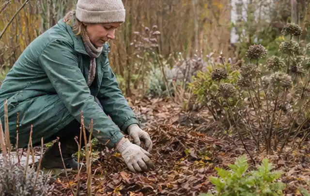 Person verteilt eine schützende Mulchschicht zwischen winterlichen Stauden; Thema Duftpflanzen, Schwerpunkt Bewässerung; Praxisalltag.