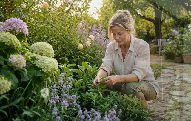 Person pflegt üppige Pflanzen in einem natürlich beleuchteten Garten; Thema Duftpflanzen, Schwerpunkt Boden; Ergebnis.