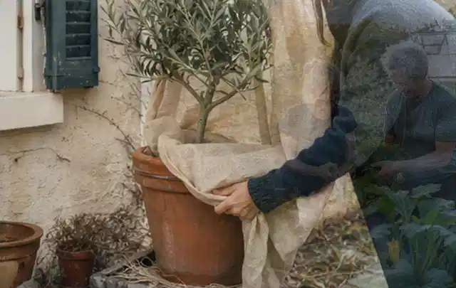 Person umhüllt eine mediterrane Kübelpflanze mit atmungsaktivem Winterschutz; Thema Duftpflanzen, Schwerpunkt Düngung; Ausgangslage.