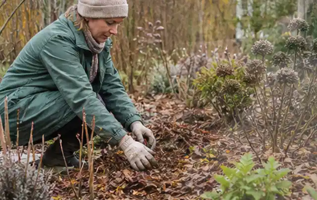 Person verteilt eine schützende Mulchschicht zwischen winterlichen Stauden; Thema Duftpflanzen, Schwerpunkt Jahrespflege; Umsetzung.