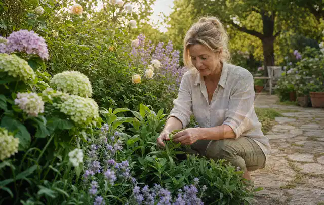 Person pflegt üppige Pflanzen in einem natürlich beleuchteten Garten; Thema Duftpflanzen, Schwerpunkt Jahrespflege; Ergebnis.