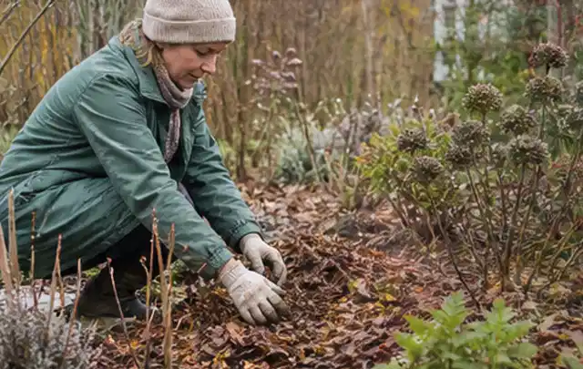 Person verteilt eine schützende Mulchschicht zwischen winterlichen Stauden; Thema Duftpflanzen, Schwerpunkt Kaufberatung; Ergebnis.