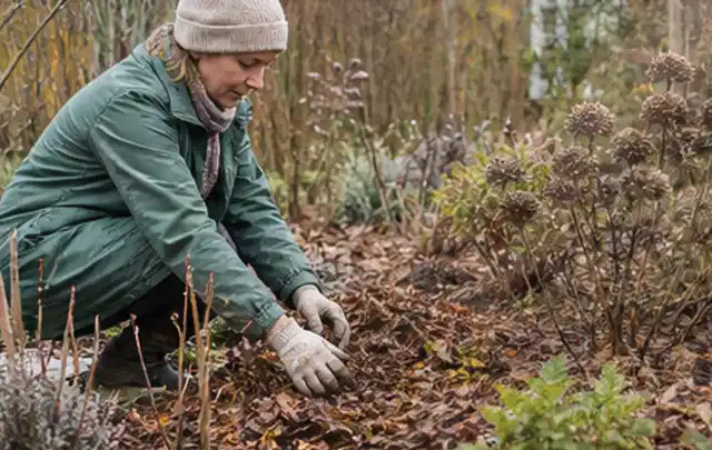 Person verteilt eine schützende Mulchschicht zwischen winterlichen Stauden; Thema Duftpflanzen, Schwerpunkt Pflanzen; Umsetzung.