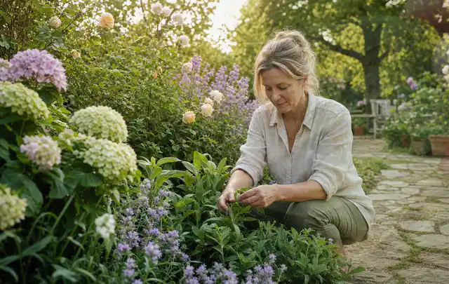 Person pflegt üppige Pflanzen in einem natürlich beleuchteten Garten; Thema Duftpflanzen, Schwerpunkt Pflanzengesundheit; Umsetzung.