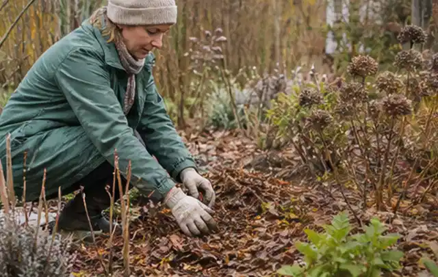 Person verteilt eine schützende Mulchschicht zwischen winterlichen Stauden; Thema Duftpflanzen, Schwerpunkt Pflanzengesundheit; Kontrolle.