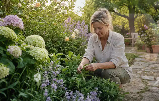 Person pflegt üppige Pflanzen in einem natürlich beleuchteten Garten; Thema Duftpflanzen, Schwerpunkt Pflanzenschutz; Ausgangslage.