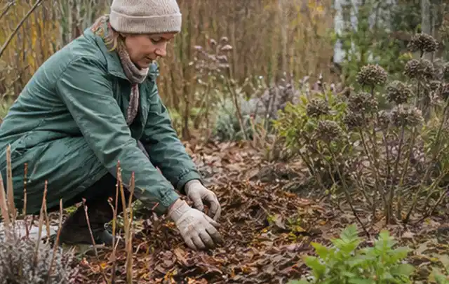 Person verteilt eine schützende Mulchschicht zwischen winterlichen Stauden; Thema Duftpflanzen, Schwerpunkt Pflanzenschutz; Ergebnis.
