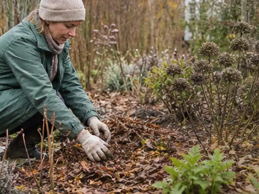 Person verteilt eine schützende Mulchschicht zwischen winterlichen Stauden; Thema Duftpflanzen, Schwerpunkt Rückschnitt; Titelbild.