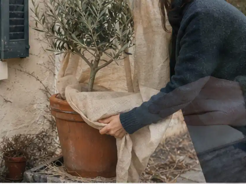 Person umhüllt eine mediterrane Kübelpflanze mit atmungsaktivem Winterschutz; Thema Duftpflanzen, Schwerpunkt Sortenwahl; Titelbild.