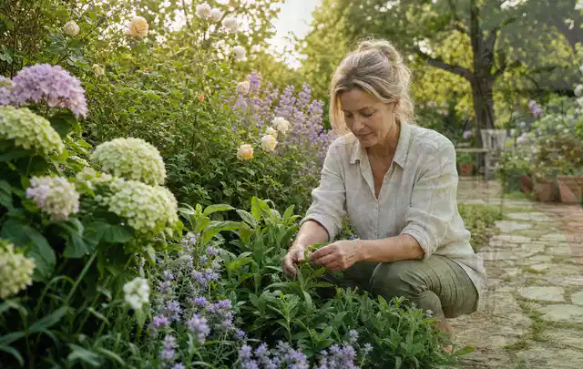 Person pflegt üppige Pflanzen in einem natürlich beleuchteten Garten; Thema Duftpflanzen, Schwerpunkt Standort; Umsetzung.