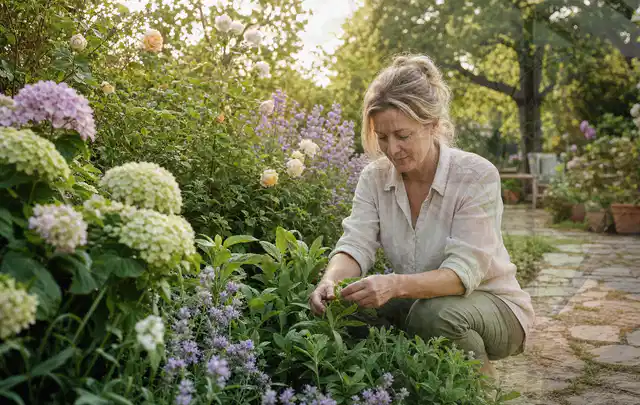 Person pflegt üppige Pflanzen in einem natürlich beleuchteten Garten; Thema Duftpflanzen, Schwerpunkt Topfkultur; Umsetzung.
