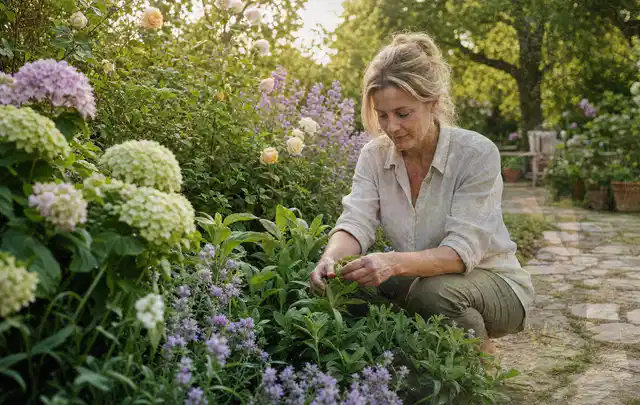 Person pflegt üppige Pflanzen in einem natürlich beleuchteten Garten; Thema Duftpflanzen, Schwerpunkt Vermehrung; Umsetzung.