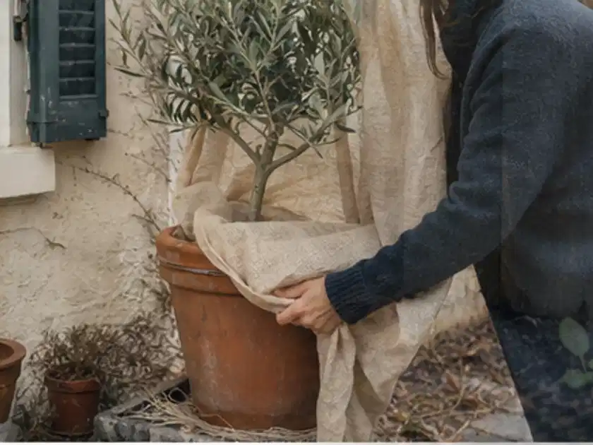 Person umhüllt eine mediterrane Kübelpflanze mit atmungsaktivem Winterschutz; Thema Duftpflanzen, Schwerpunkt Wachstum; Titelbild.