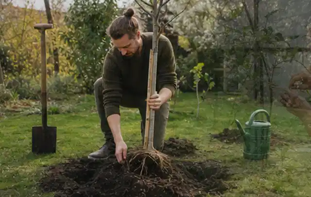 Person setzt einen jungen Zierbaum in ein vorbereitetes Pflanzloch im Garten; Thema Duftpflanzen, Schwerpunkt Winterpflege; Kontrolle.