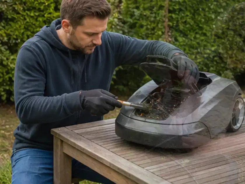 Person wartet einen geöffneten Mähroboter auf einem stabilen Gartentisch; Thema Ecovacs Goat, Schwerpunkt Anwendung; Titelbild.