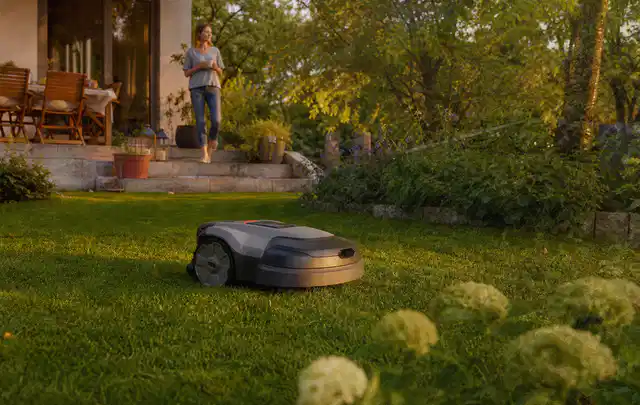 Mähroboter fährt am Abend über einen Rasen im Familiengarten; Thema Ecovacs Goat, Schwerpunkt Checkliste; Kontrolle.