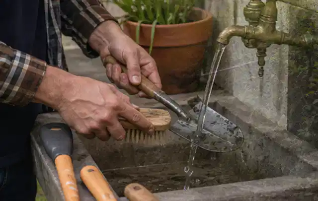 Hände reinigen gebrauchte Gartengeräte mit Bürste und Wasser am Außenbecken; Thema Ecovacs Goat, Schwerpunkt Dimensionierung; Ausgangslage.
