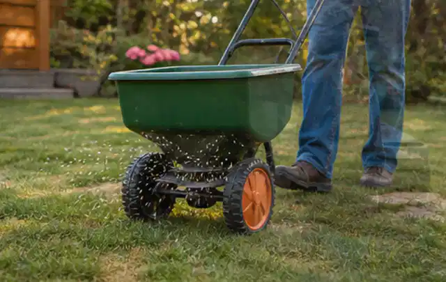 Person verteilt Rasensamen mit einem Streuwagen auf einer lückigen Fläche; Thema Ecovacs Goat, Schwerpunkt Dimensionierung; Kontrolle.