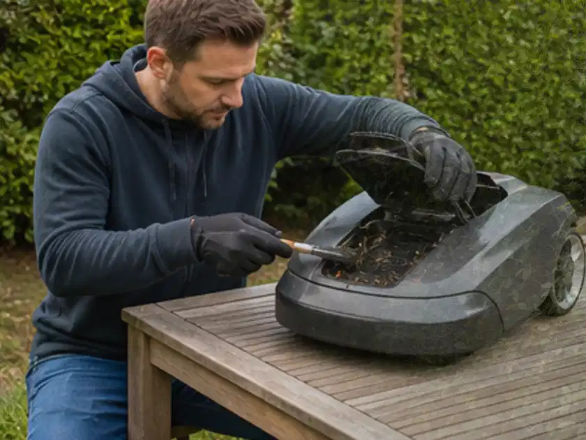 Person wartet einen geöffneten Mähroboter auf einem stabilen Gartentisch; Thema Ecovacs Goat, Schwerpunkt Ersatzteile; Titelbild.