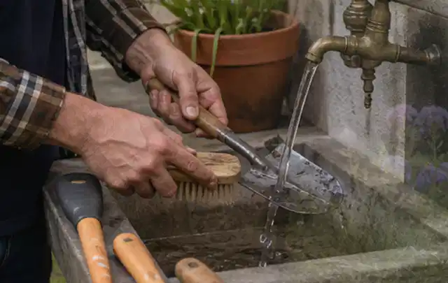 Hände reinigen gebrauchte Gartengeräte mit Bürste und Wasser am Außenbecken; Thema Ecovacs Goat, Schwerpunkt Fehlerhilfe; Ausgangslage.