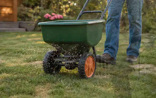 Person verteilt Rasensamen mit einem Streuwagen auf einer lückigen Fläche; Thema Ecovacs Goat, Schwerpunkt Gärten mit großer Fläche; Ausgangslage.