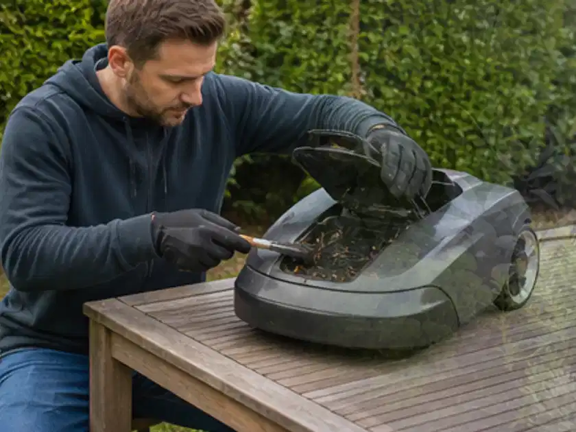 Person wartet einen geöffneten Mähroboter auf einem stabilen Gartentisch; Thema Ecovacs Goat, Schwerpunkt Gärten mit kleiner Fläche; Titelbild.