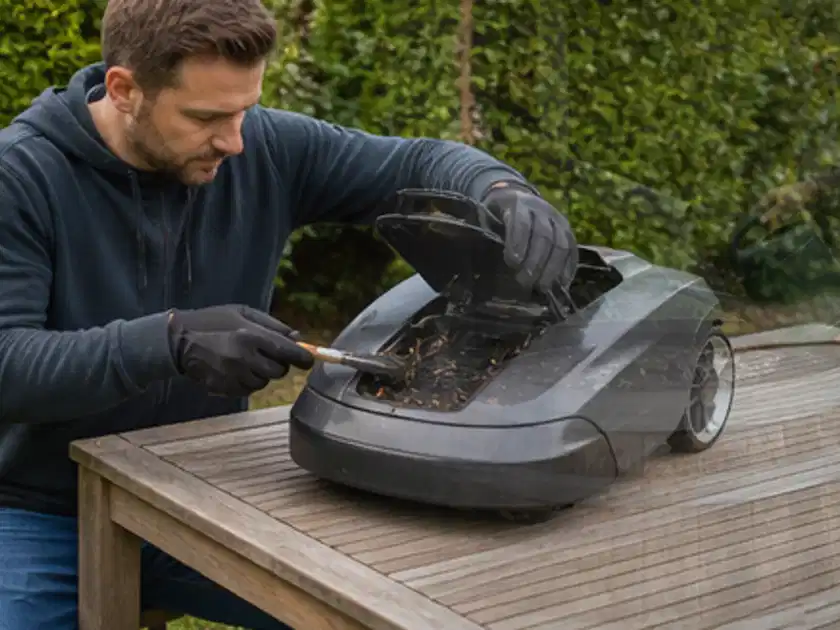 Person wartet einen geöffneten Mähroboter auf einem stabilen Gartentisch; Thema Ecovacs Goat, Schwerpunkt Leistung; Titelbild.