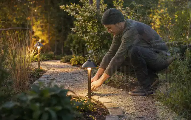 Person richtet eine niedrige warm leuchtende Gartenlampe am Kiesweg aus; Thema Ecovacs Goat, Schwerpunkt Mähroboter; Ergebnis.