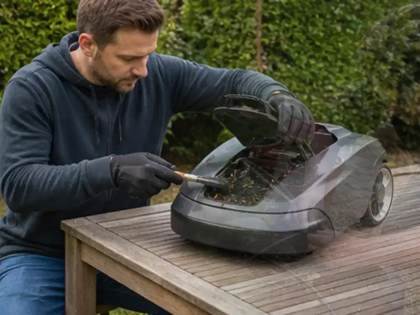 Person wartet einen geöffneten Mähroboter auf einem stabilen Gartentisch; Thema Ecovacs Goat, Schwerpunkt Nachhaltigkeit; Titelbild.