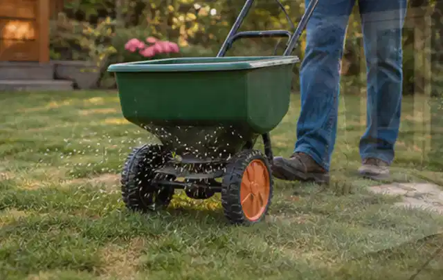 Person verteilt Rasensamen mit einem Streuwagen auf einer lückigen Fläche; Thema Ecovacs Goat, Schwerpunkt Nachhaltigkeit; Kontrolle.