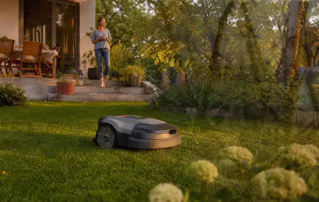 Mähroboter fährt am Abend über einen Rasen im Familiengarten; Thema Ecovacs Goat, Schwerpunkt Reinigung; Ausgangslage.
