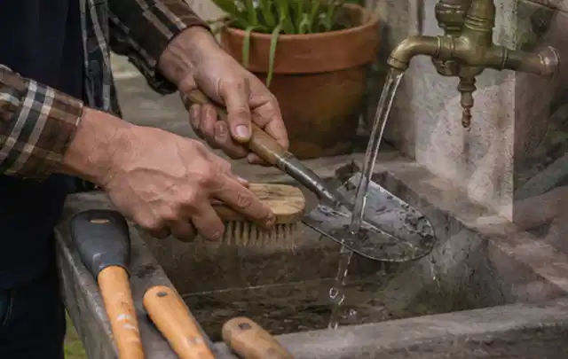 Hände reinigen gebrauchte Gartengeräte mit Bürste und Wasser am Außenbecken; Thema Ecovacs Goat, Schwerpunkt Reparatur; Ausgangslage.